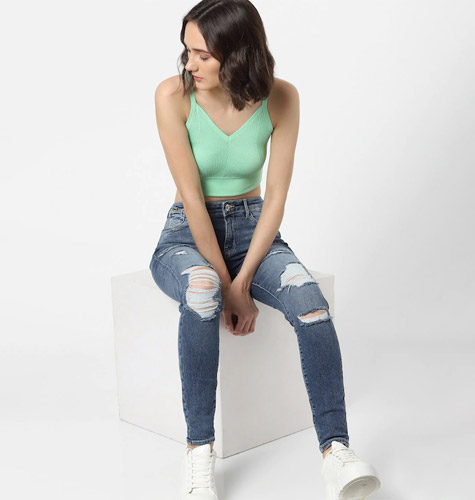 Women Blue Skinny Fit High-Rise Highly Distressed Heavy Fade Jeans